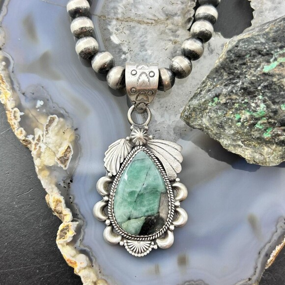Sterling Southwestern Style Teardrop Emerald Decorated Pendant For Women - Picture 2 of 10